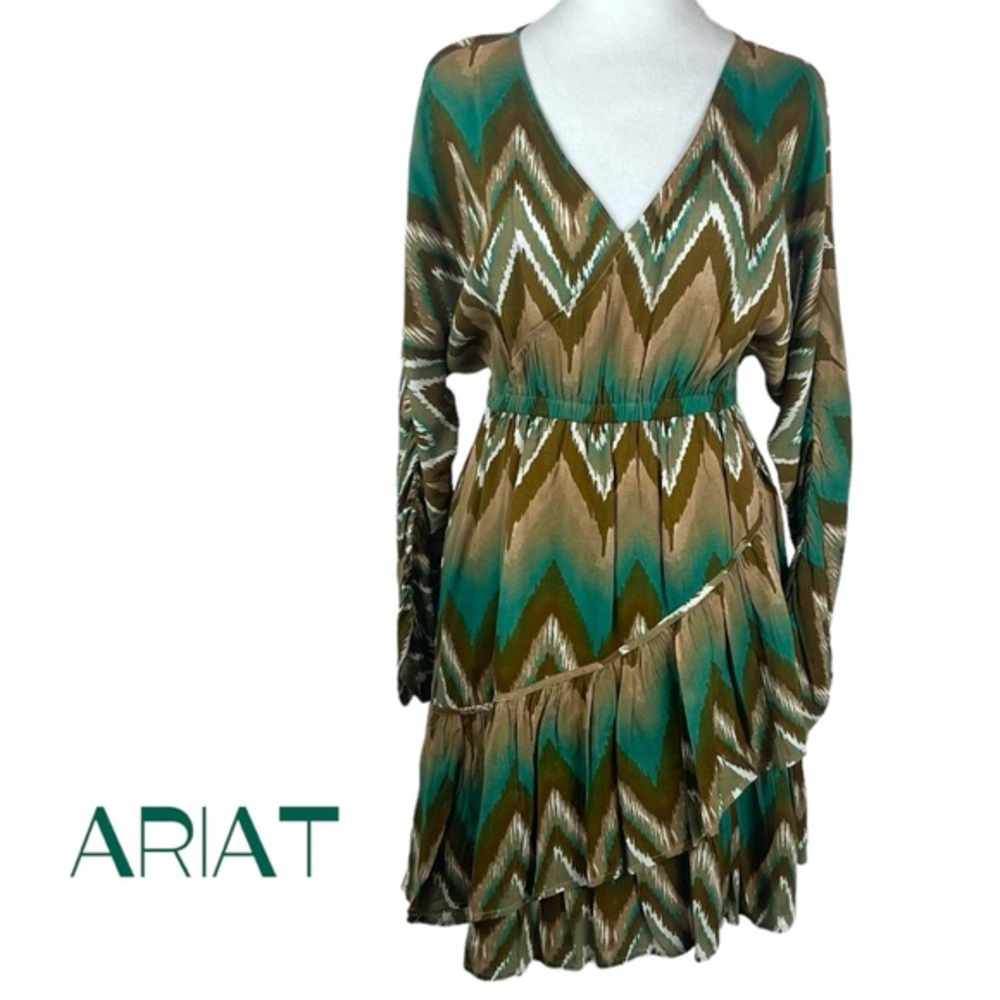 Ariat Green and Brown Chevron V-Neck Ruffle Dress